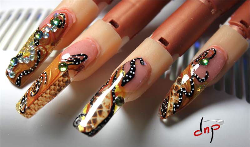 Nail Art example on a Nail Trainer hand Nail Art using Designer Nail Products Nail Artistry Drawing Tools